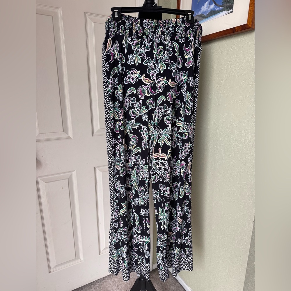 INC International Concepts Flowy Floral Black Women's Wide-Leg Pants Sz L